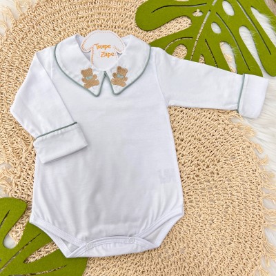  Body gola bordada com viés de linha- Urso sentado VERDE